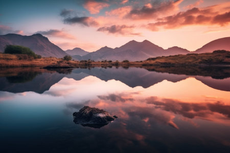 A large body of water with mountains in the background. Generative AI image.の素材