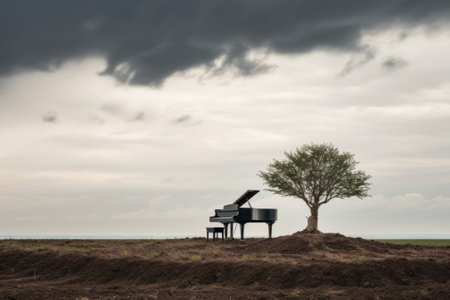A piano sitting on top of a dirt field. Generative AI image.の素材