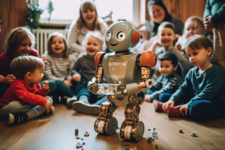 A group of children sitting around a robot. Generative AI image.の素材