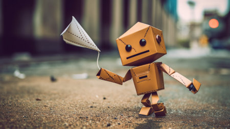 A small cardboard robot holding a kite on a city street. Generative AI image.の素材