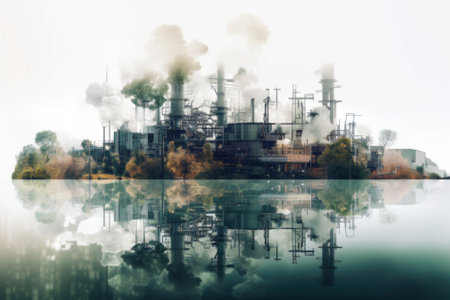 A factory with smoke coming out of its stacks. Generative AI image.の素材