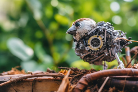 A small bird made out of mechanical parts. Generative AI image.の素材