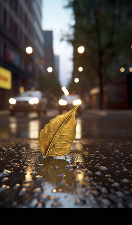 A yellow leaf laying on the ground in the rain. Generative AI image.の素材
