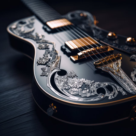 A close up of a guitar on a table. Generative AI image.の素材