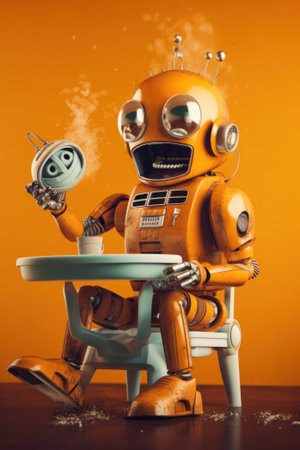 A robot sitting at a table with a cup of coffee. Generative AI image.の素材