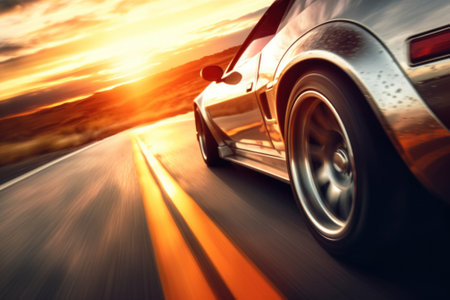 A car driving down a road at sunset. Generative AI image.の素材