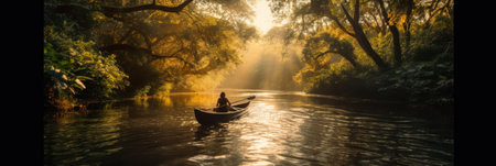 A person in a boat on a river. Generative AI image.の素材