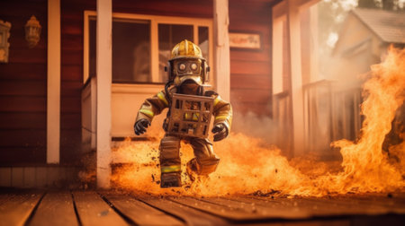 A firefighter in a gas mask running through a fire. Generative AI image.の素材