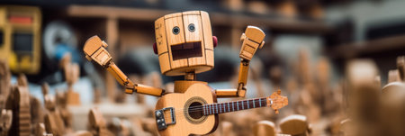 A wooden robot playing a guitar in a room full of chairs. Generative AI image.の素材