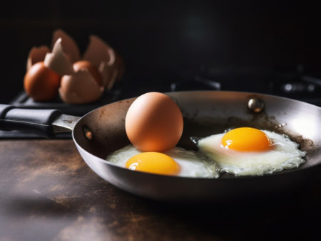 Two eggs are being fried in a frying pan. Generative AI image.の素材