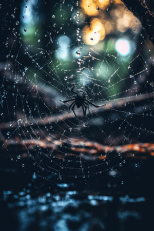 A spider sits in the center of a spider web. Generative AI image.の素材