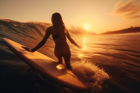 A woman riding a wave on top of a surfboard. Generative AI image.の素材