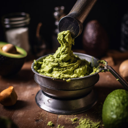 A bowl of guacamole with a spoon in it. Generative AI image.の素材