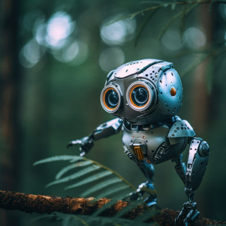 A toy robot sitting on top of a tree branch. Generative AI image.の素材