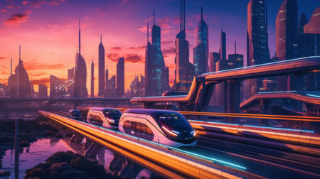 A futuristic train traveling through a city at sunset. Generative AI image.の素材