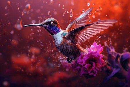 A hummingbird flying through the air next to a flower. Generative AI image.の素材