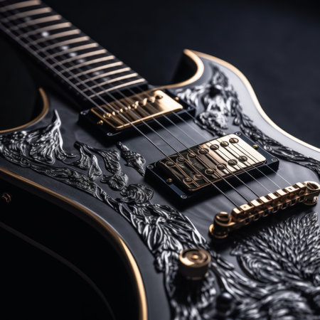 A close up of a guitar with a black body. Generative AI image.の素材