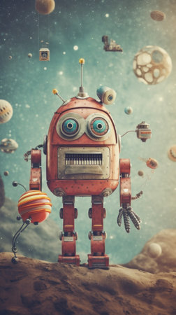 A robot is standing on a rock with planets in the background. Generative AI image.の素材