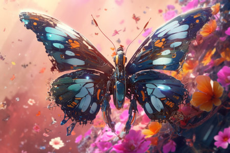 A blue butterfly sitting on top of a flower covered field. Generative AI image.の素材