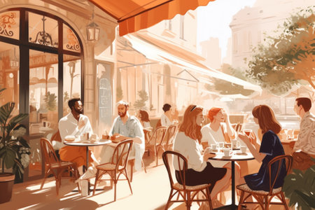 A group of people sitting at tables outside a restaurant. Generative AI image.の素材