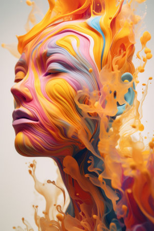 A close up of a persons face with colorful paint on it. Generative AI image.の素材