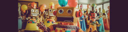 A toy robot is standing in front of a bunch of balloons. Generative AI image.の素材