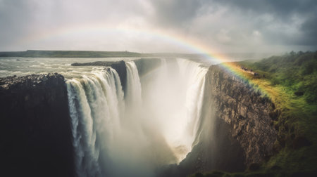 A rainbow over a waterfall with a rainbow in the sky. Generative AI image.の素材