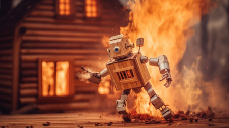 A robot that is standing in front of a fire. Generative AI image.の素材