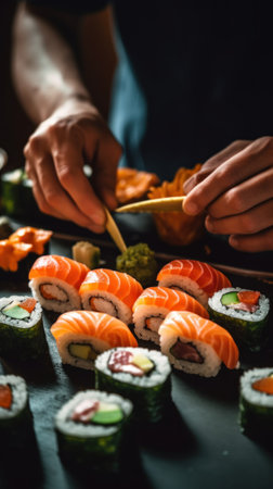 A person cutting sushi with chopsticks on a table. Generative AI image.の素材