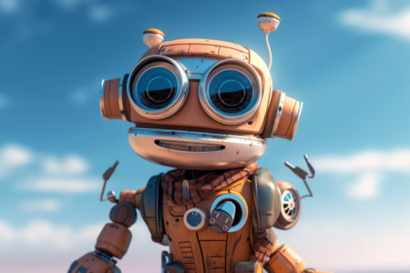A cartoon robot with goggles on his head. Generative AI image.の素材
