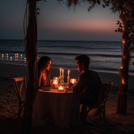 A man and a woman sitting at a table on the beach. Generative AI image.の素材