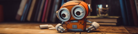 A toy robot sitting on top of a wooden table. Generative AI image.の素材