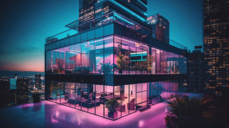 A glass building with a purple light on top of it. Generative AI image.の素材