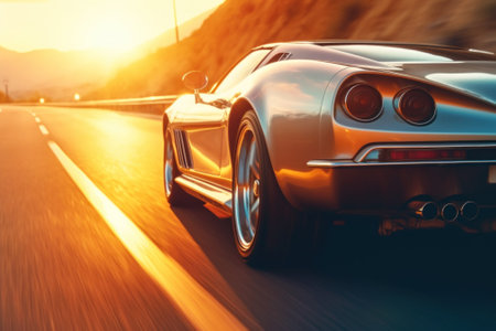 A silver sports car driving down a road. Generative AI image.の素材