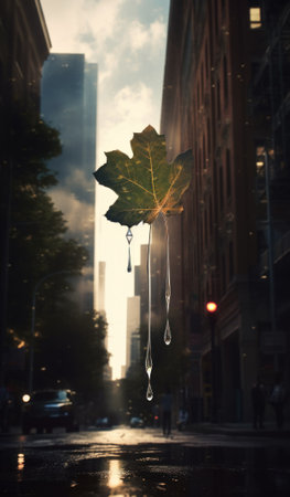 A leaf hanging from the side of a street. Generative AI image.の素材