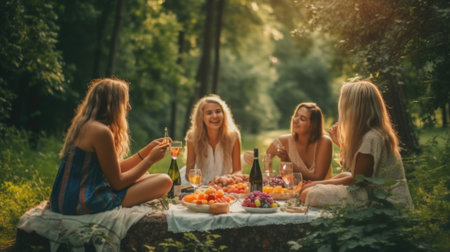 A group of women sitting around a picnic table. Generative AI image.の素材
