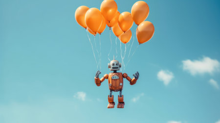 A robot is flying in the air with orange balloons. Generative AI image.の素材