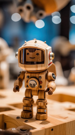 A wooden toy of an astronaut on a table. Generative AI image.の素材