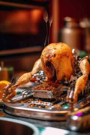 A roasting chicken on a pan on a kitchen counter. Generative AI image.の素材