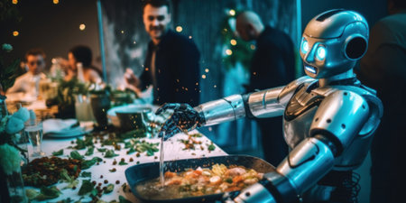 A robot that is cooking food in a pan. Generative AI image.の素材