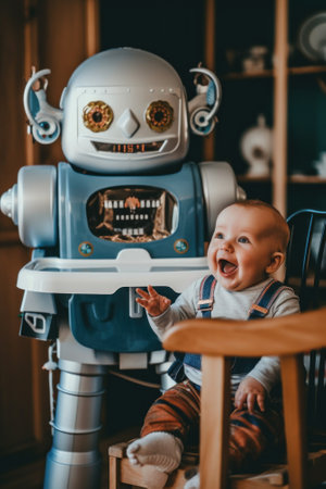 A baby sitting in a high chair in front of a robot. Generative AI image.の素材