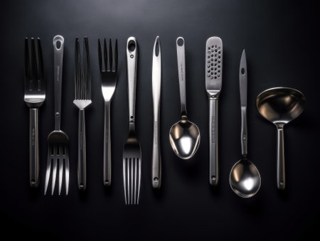 A set of silverware on a black surface. Generative AI image.の素材