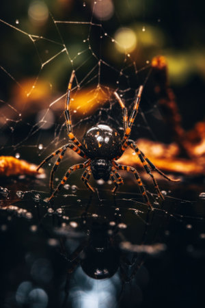 A spider sitting on top of a spider web. Generative AI image.の素材