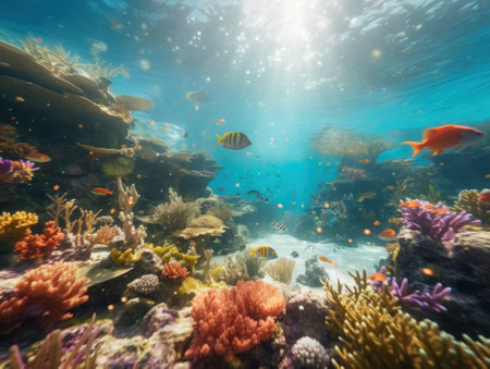 A coral reef with many different types of fish. Generative AI image.の素材