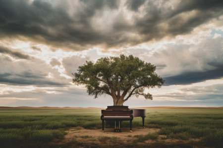 A piano sitting under a tree in a field. Generative AI image.の素材