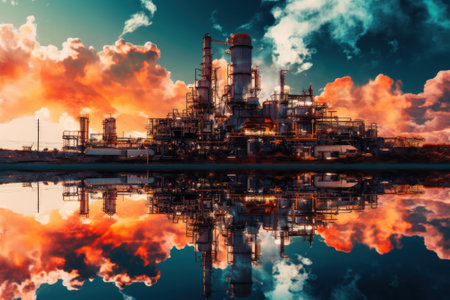 A large factory with a lot of smoke coming out of it. Generative AI image.の素材