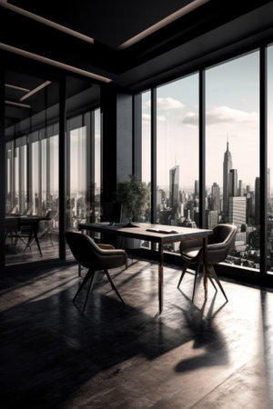 A room with a view of a city. Generative AI image.の素材