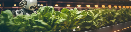 A robot that is standing in front of some lettuce. Generative AI image.の素材