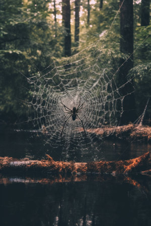 A spider sits on a web in the middle of a forest. Generative AI image.の素材