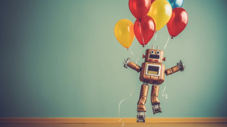 A toy robot holding several balloons on a table. Generative AI image.の素材